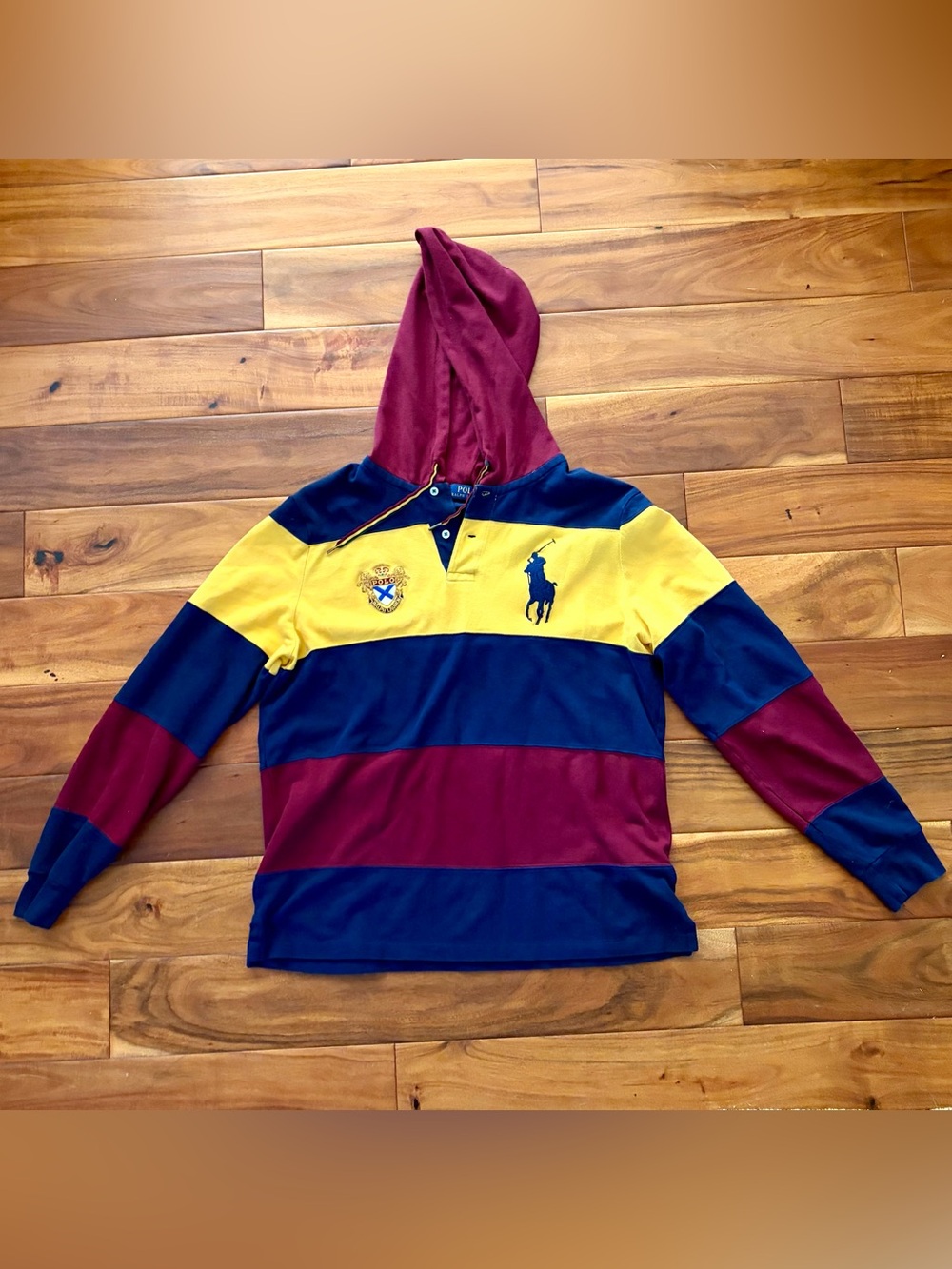 Polo by Ralph Lauren Hooded Rugby Shirt in Navy, Yellow & Burgundy